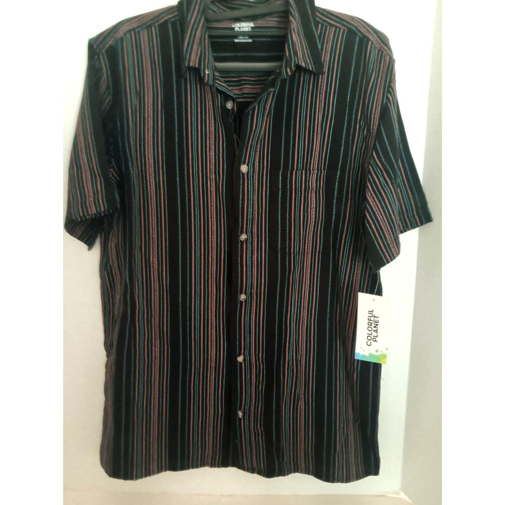 Colorful Planet Boys Shirt XL 18/20 Black Striped Cotton Button Up SS NWT
